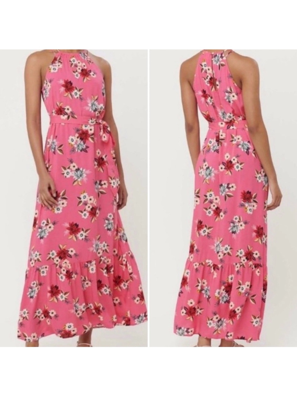 Loft Maxi Dress Belted Pink Floral Coastal Core Barbie Core Size Small